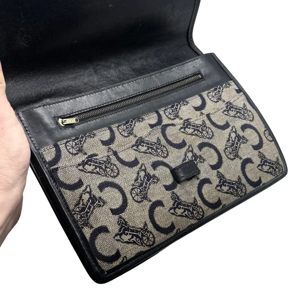 Celine Vintage Canvas Leather Trimmed Clutch Bag Monogram blue cream tan - Picture 8 of 11